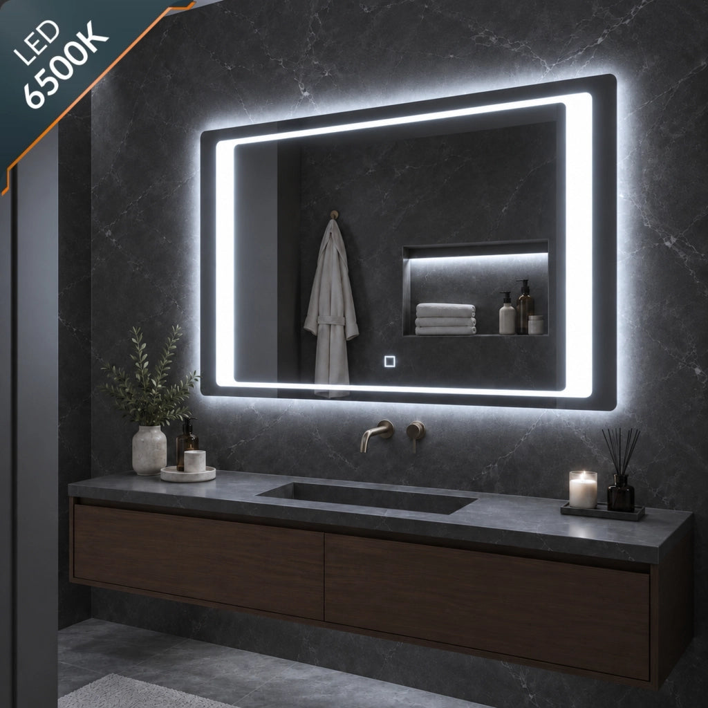 Specchio rettangolare led con cornice in alluminio cornice interna sabbiata *** misure 100x80 cm, tonalità dimmerabi...