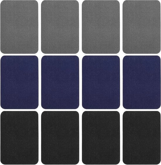 12 pezzi di patches per cucire per riparazione e decorazione (nero, blu, grigio)