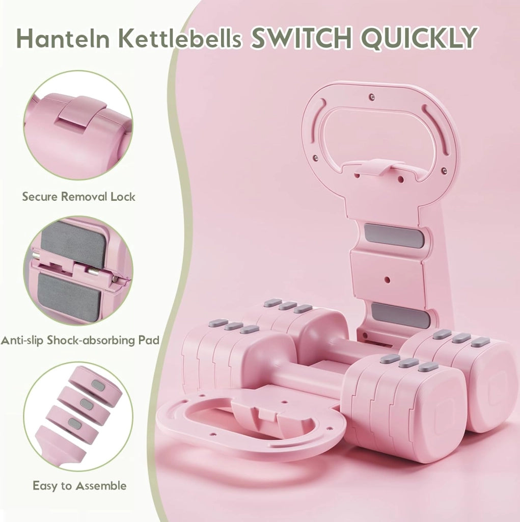 Set di 2 manubri regolabili 2 in 1, per donne e uomini, 4 livelli di peso con adattatore kettlebell, set di manubri per casa (Rosa)