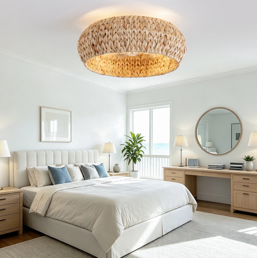 Plafoniera ventilatore da soffitto 19 pollici in rattan con controllo Bluetooth e telecomando; rame