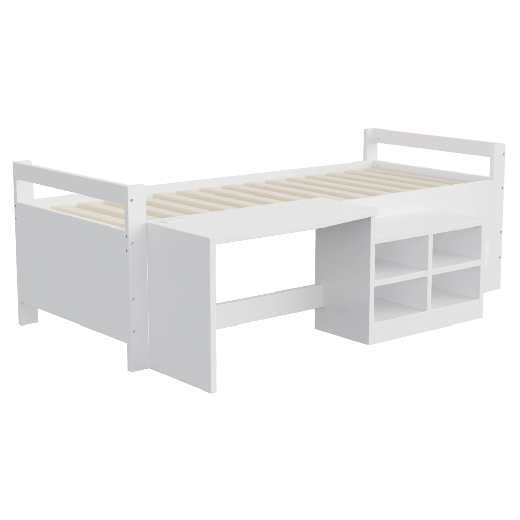 LETTO Singolo 90x200 cm con scrivania, vani contenitori e prese USB Bianco