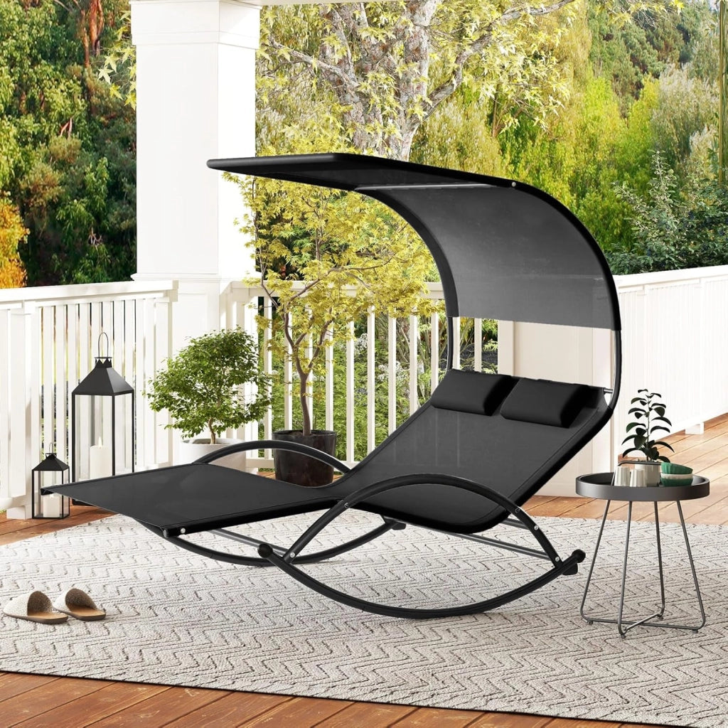 Sedia a Dondolo Doppia, Poltrona a Dondolo con baldacchino, Cuscini poggiatesta, Telaio in Metallo, braccioli, Sedia a Dondolo all'aperto per Patio, Giardino, Bordo Piscina