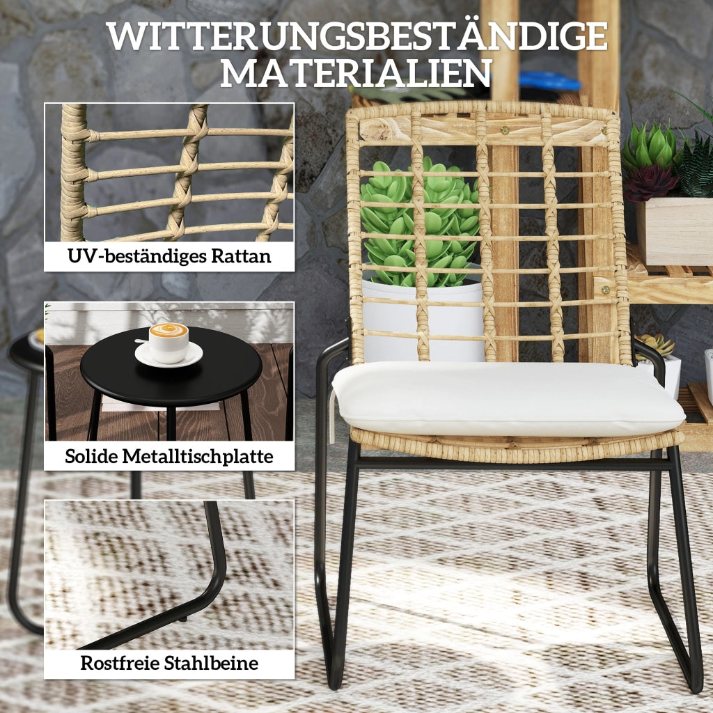 Set da giardino bistrot a 3 pezzi: 2 poltrone in rattan + tavolo in metallo; cuscini; beige e marrone