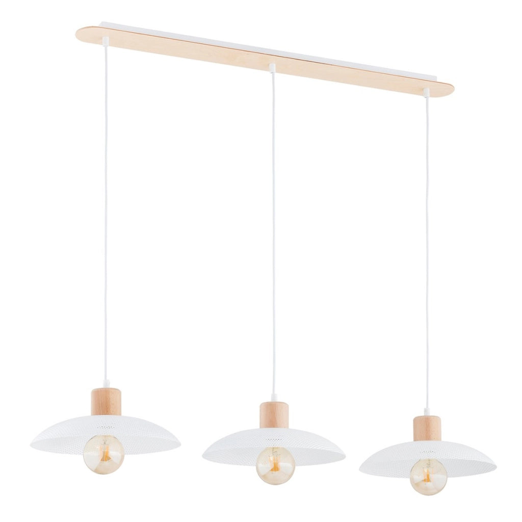 Lampada a sospensione KOBE 3 in acciaio bianco opaco e legno