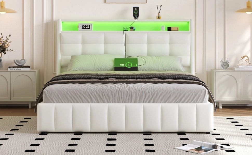 DESMIU Letto piattaforma 160 × 200 cm 2 posti con LED, USB e vano contenitore, senza materasso, in PU, bianco