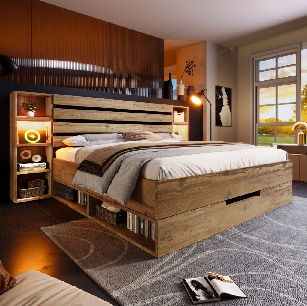 Letto matrimoniale 160x200 con testiera contenitore, LED e porte USB