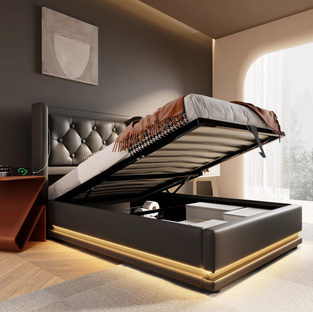 Letto contenitore 90x200 cm in PU nero con USB Type-C e LED a 3 lati
