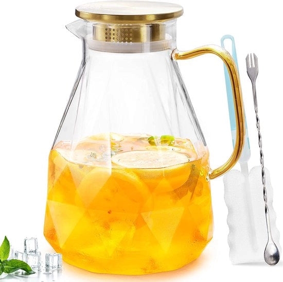 Karaf in vetro di diamante, 2,2 litri/74 once, caraffa moderna in vetro di borosilicato, can da tavola, caraffa con coperchio, can da tavola con cucchiaio, spazzola e sottopiatto.