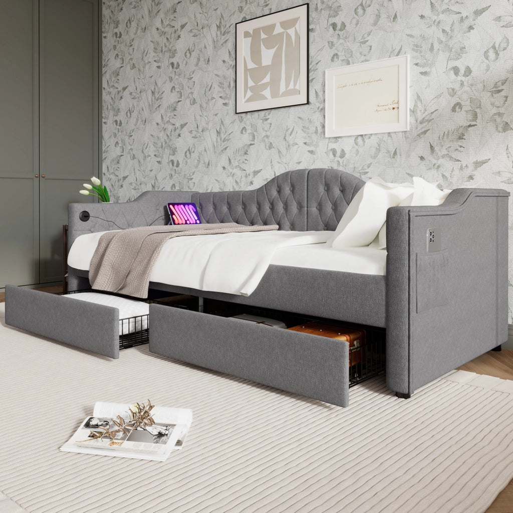 Letto singolo imbottito 90x190 cm grigio con USB-C e cassetti