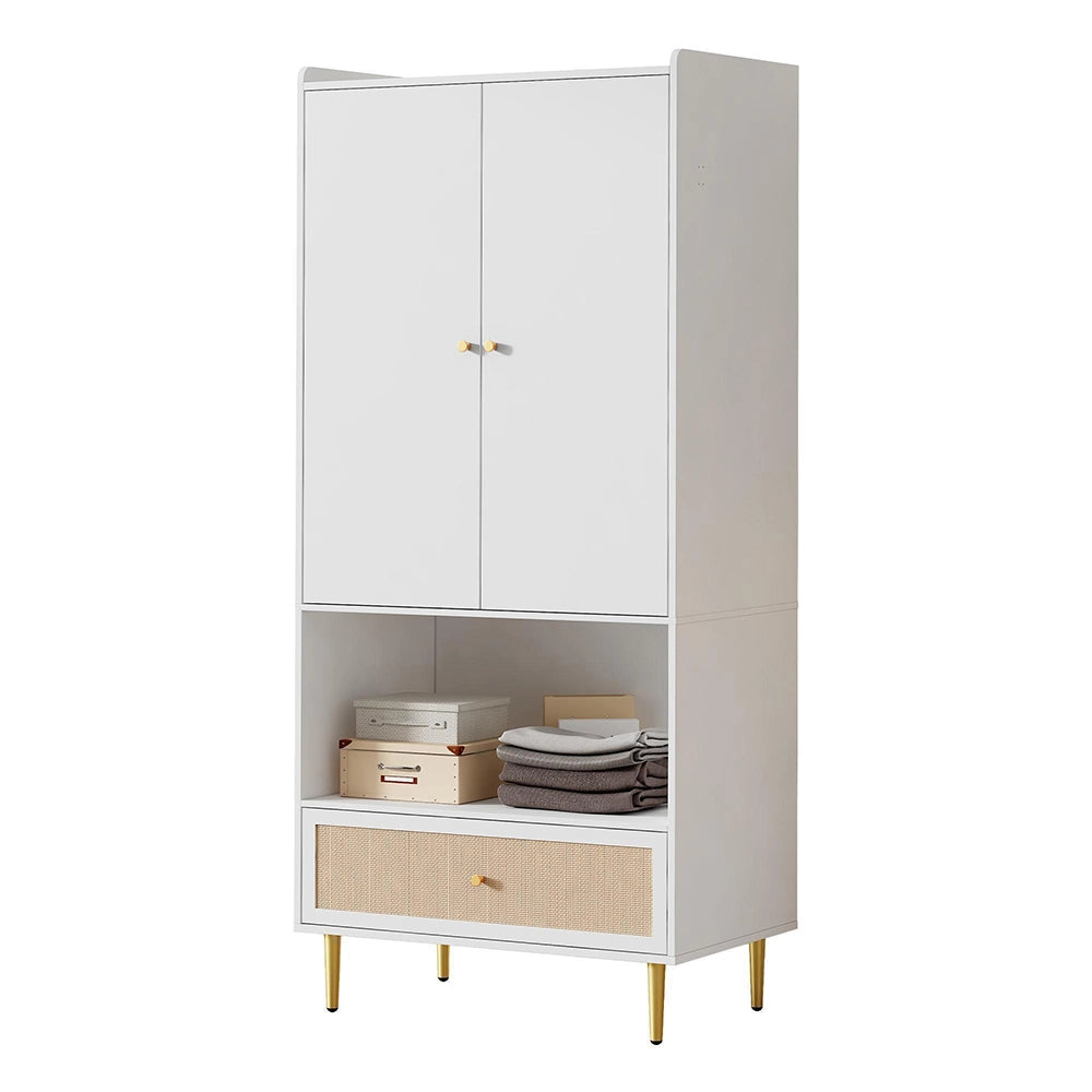 Armadio da camera a 2 ante - Xylo - 80x48x175 cm - Bianco - Cassetto in rattan e appendiabiti
