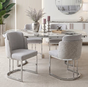 Set di 2 sedie in ciniglia con schienale doppio e gambe in metallo galvanizzato; grigio e argento