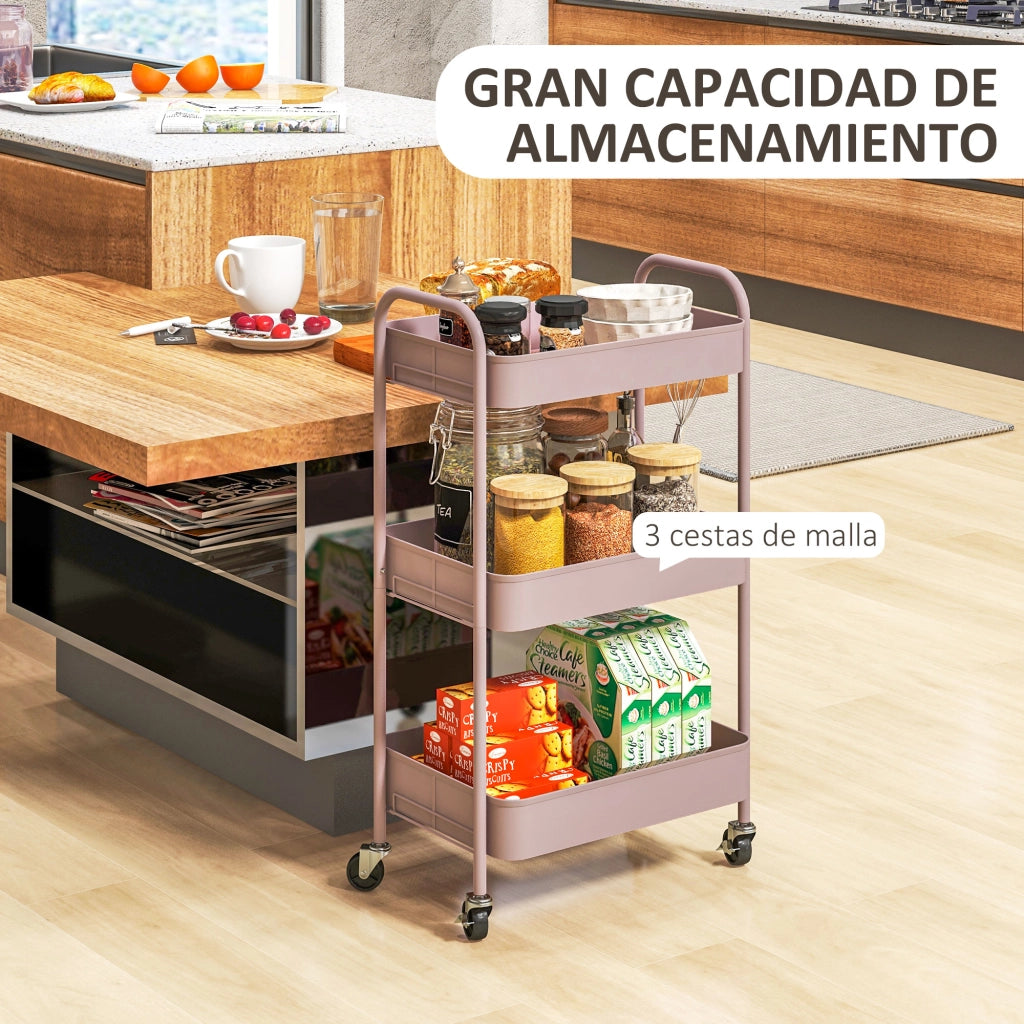 Carrello con 3 Cestini ¨C Zephmum ¨C Grigio Rosa Acciaio 45x30.6x79 cm