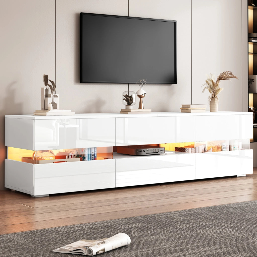 Mobile TV bianco lucido con LED, ante a pressione e vano aperto