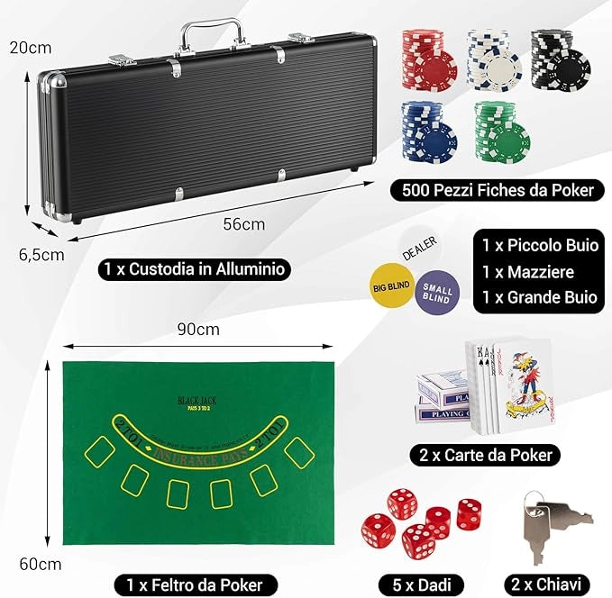 Chips Poker Set da Poker di 500 Chips, Inclusi 2 Mazzi di Carte da Poker 5 Dadi 1 Pulsante Dealer Valigetta in Alluminio (Nero)