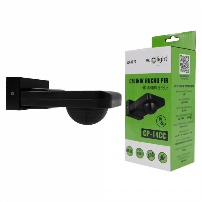 Sensore movimento PIR da parete nero IP65 Ecolight