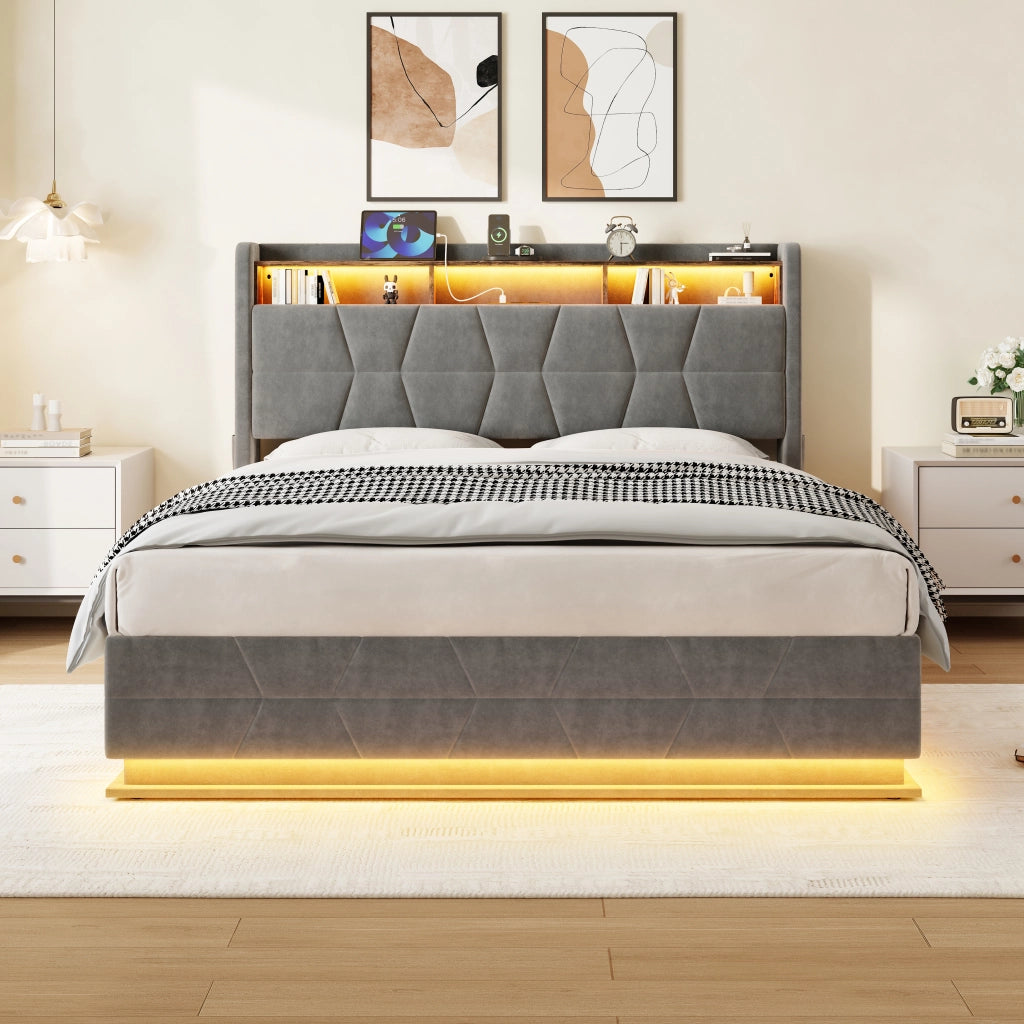 Letto contenitore 140 × 190 cm con LED, ripiani aperti, tasche laterali e USB Type-C, senza materasso, grigio scuro