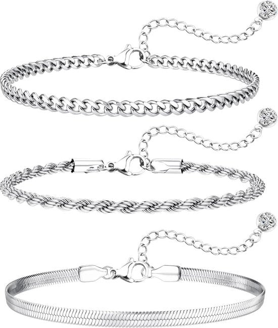 Bracciale per donna - catena in argento - collane a catenella decorativa a strati - bracciale a catenella regolabile - donne e ragazze 3pz - stivabile - di tendenza - 1 1 - gioielli in argento