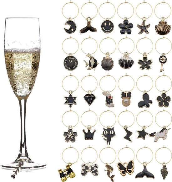 Vetrina per bicchieri con etichette identificative e marcature per bevande - Tema estivo per decorazione di festa - 31 pezzi