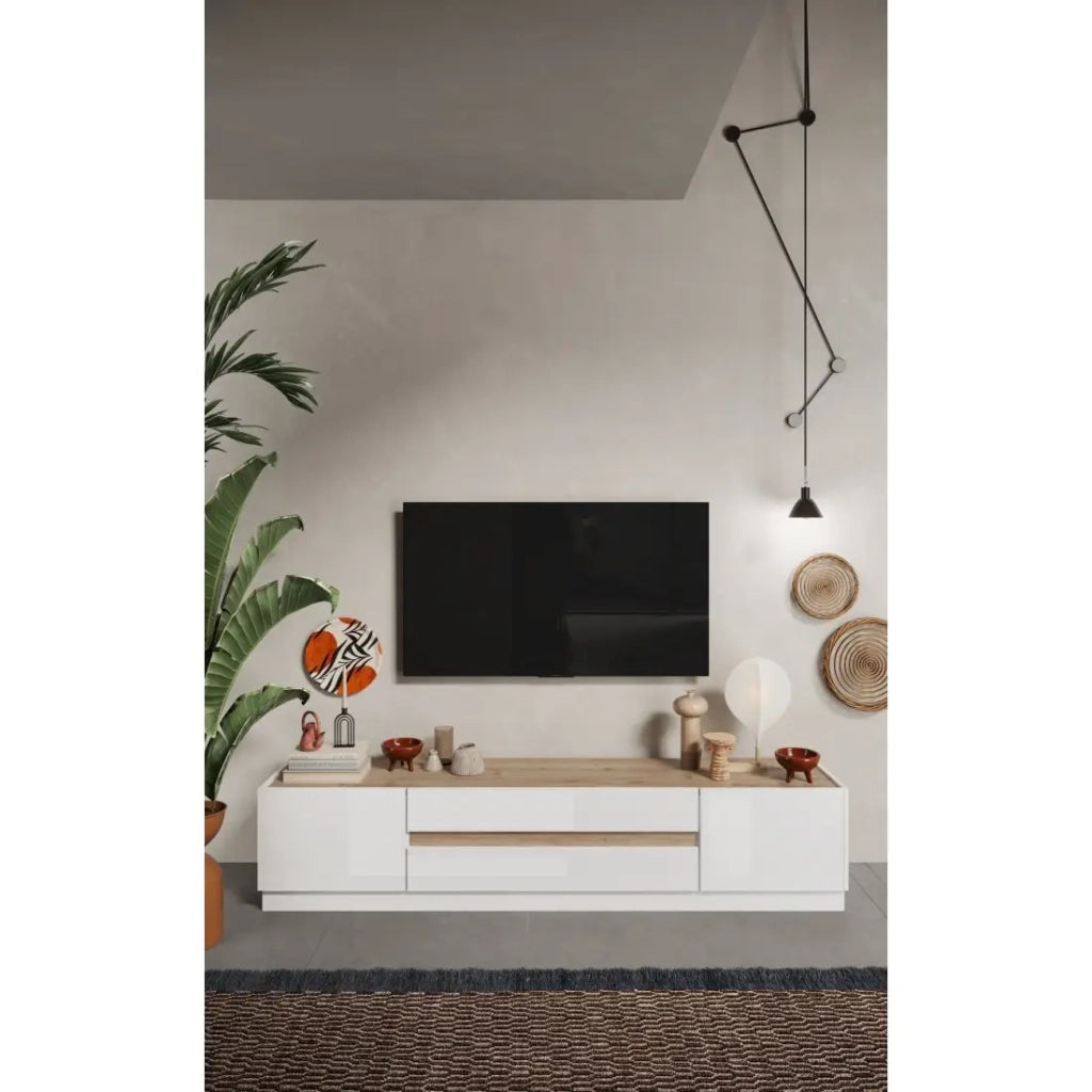 Mobile TV 205cm collezione FANZY. Color bianco lucido e rovere chiaro, ideale per un soggiorno moderno.