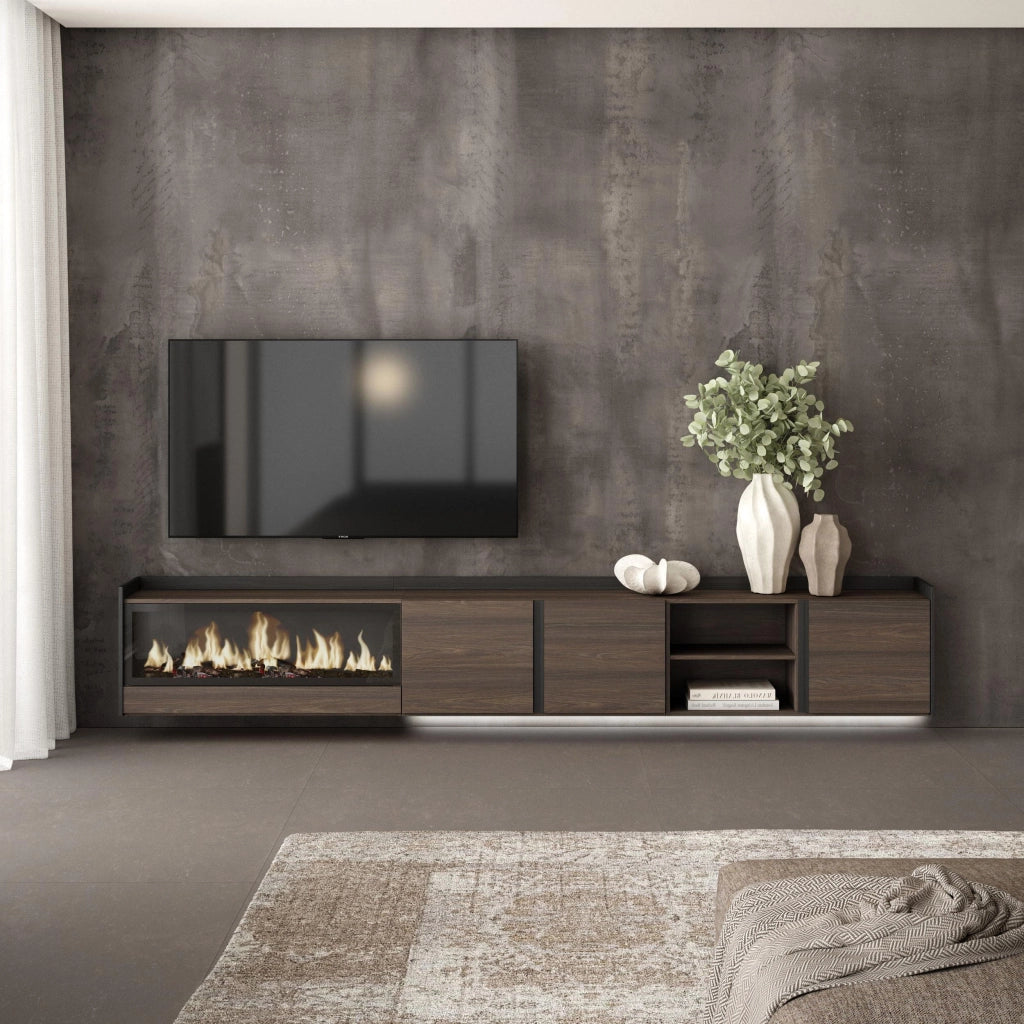 Mobile TV Soggiorno, 315x50x35 cm, Per TV fino a 80", Camino elettrico XXL, Sospeso, da appendere, LED, Rovere scuro e Nero
