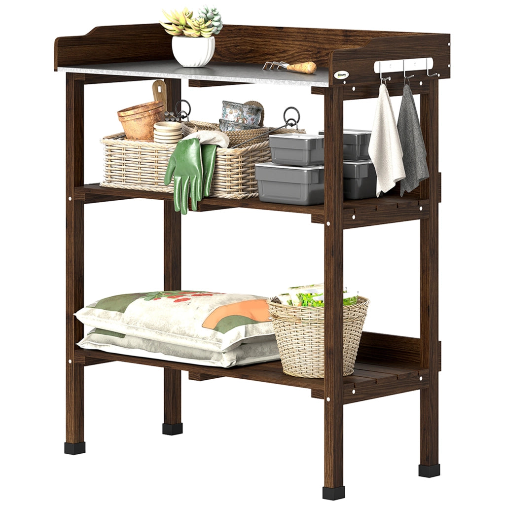 Tavolo da Giardino con Ripiani e Ganchi ¨C Zephmum ¨C Legno e Metallo Carbonizzato 76x37x89 cm