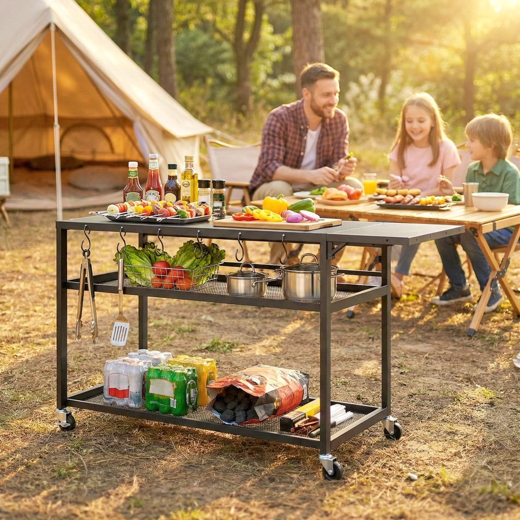 Carrello barbecue da giardino con ripiano laterale pieghevole ¨C zephmum ¨C nero, 133x48.5x82 cm