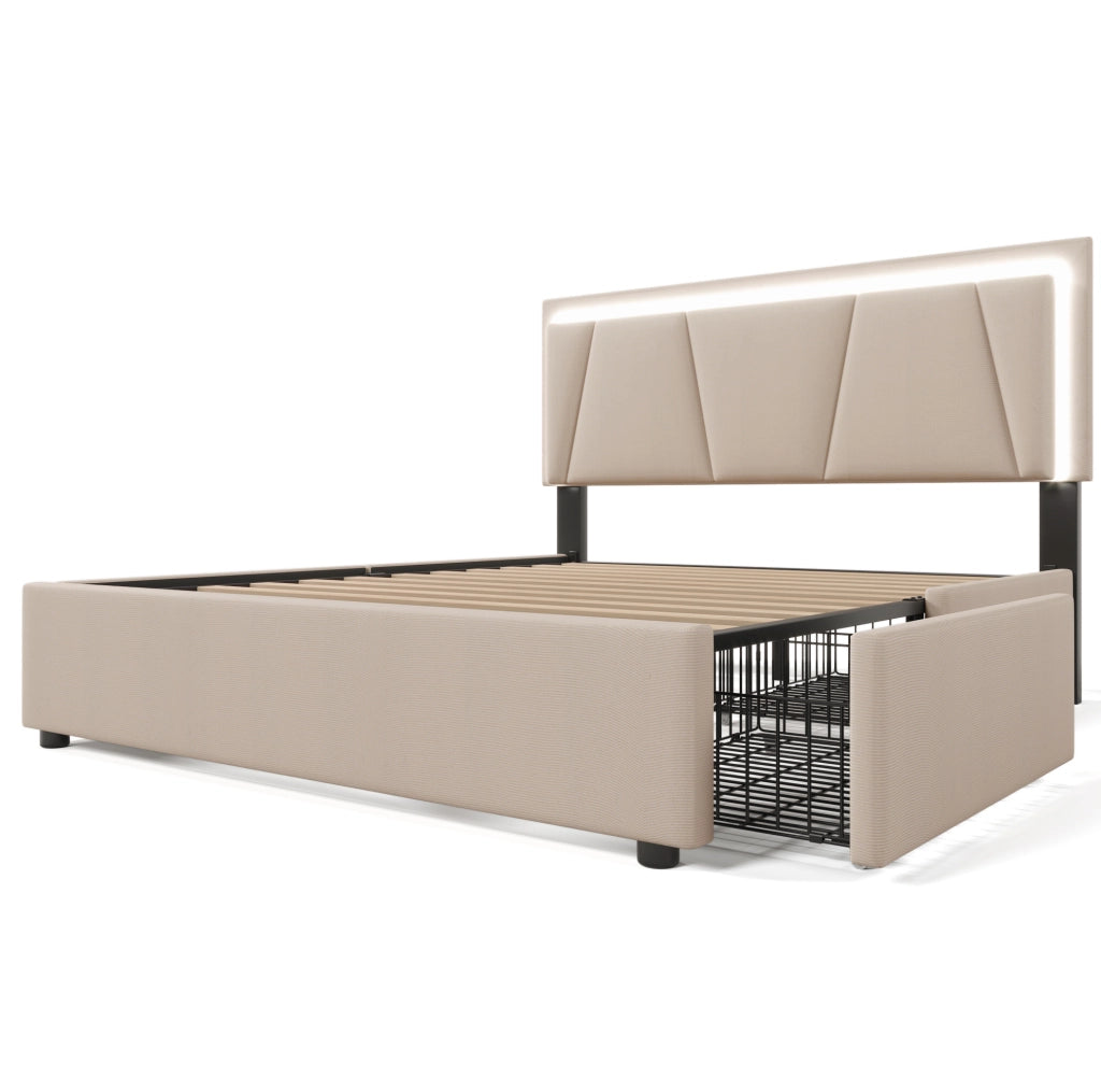 Letto contenitore 160x200 cm con LED, testiera regolabile e 4 cassetti