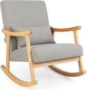 Sedia a Dondolo con Cuscino, Poltrona Dondolo Interno Ergonomica con Schienale Alto, Seduta Imbottito, in Legno di Gomma, per Soggiorno e Camera da Letto (Grigio)