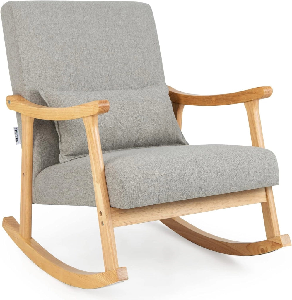 Sedia a Dondolo con Cuscino, Poltrona Dondolo Interno Ergonomica con Schienale Alto, Seduta Imbottito, in Legno di Gomma, per Soggiorno e Camera da Letto (Grigio)