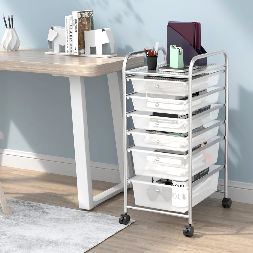 6 Cassetti Carrello di Conservazione, Torre di Stoccaggio Scrivania su Rotelle, Carrello con Ruote Bloccabili con Telaio in Metallo, Ideale per Ufficio, Soggiorno, Camera da Letto (Trasparente