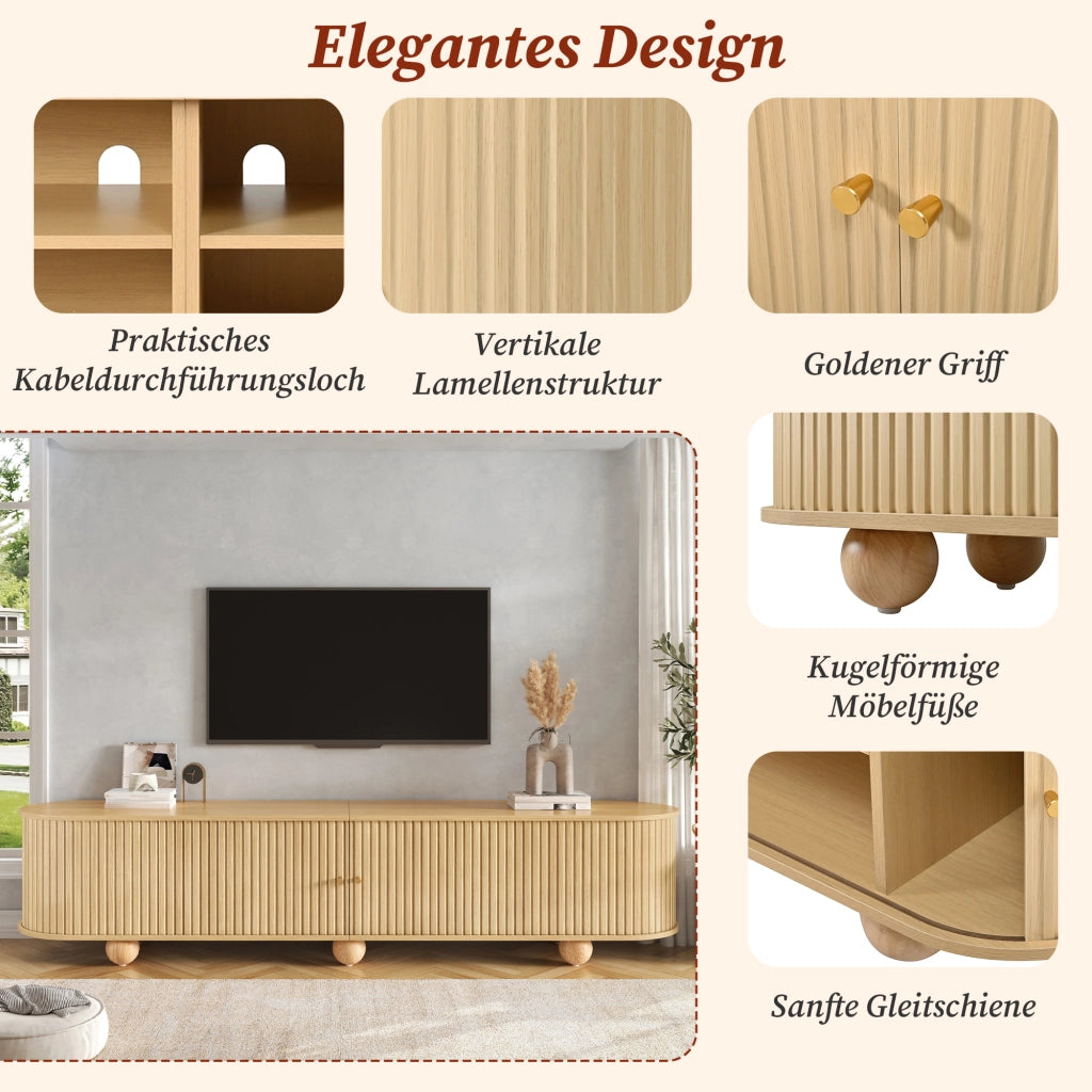 Mobile porta TV con 2 ante scorrevoli e 4 vani, stile retrò, per soggiorno, in MDF, naturale, 180 × 35 × 45 cm