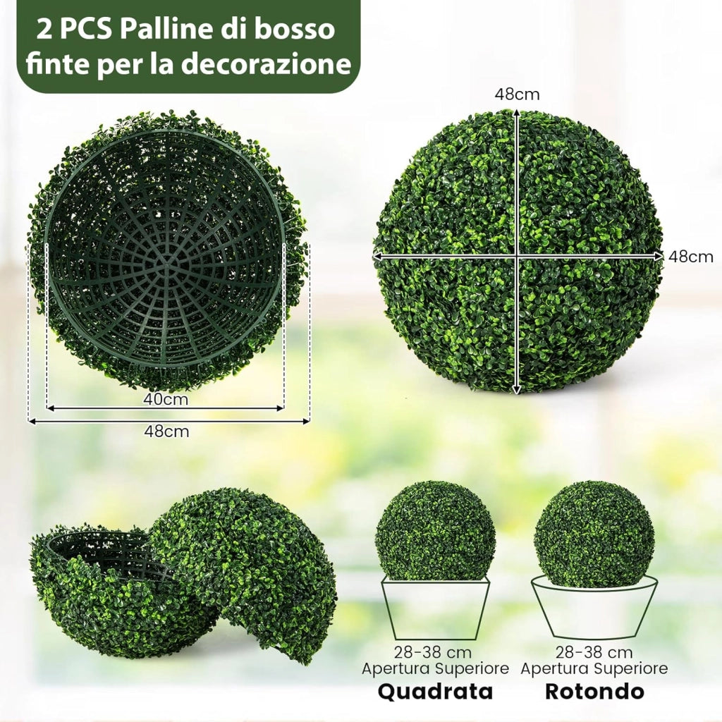 2 PCS Pianta Artificiale Alta con Palline di Bosso 48 cm, Sfere Decorative a Prova di Raggi UV, Decorazione per Interni ed Esterni