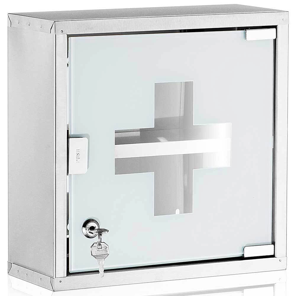 Armadietto Armadio Porta Medicinali Acciaio Inox Vetro Satinato 30x30x12 cm