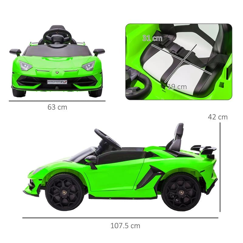 MACCHINA ELETTRICA PER BAMBINI A 12V LICENZA LAMBORGHINI CON CLACSON E TELECOMANDO, 107.5X63X42 CM, VERDE