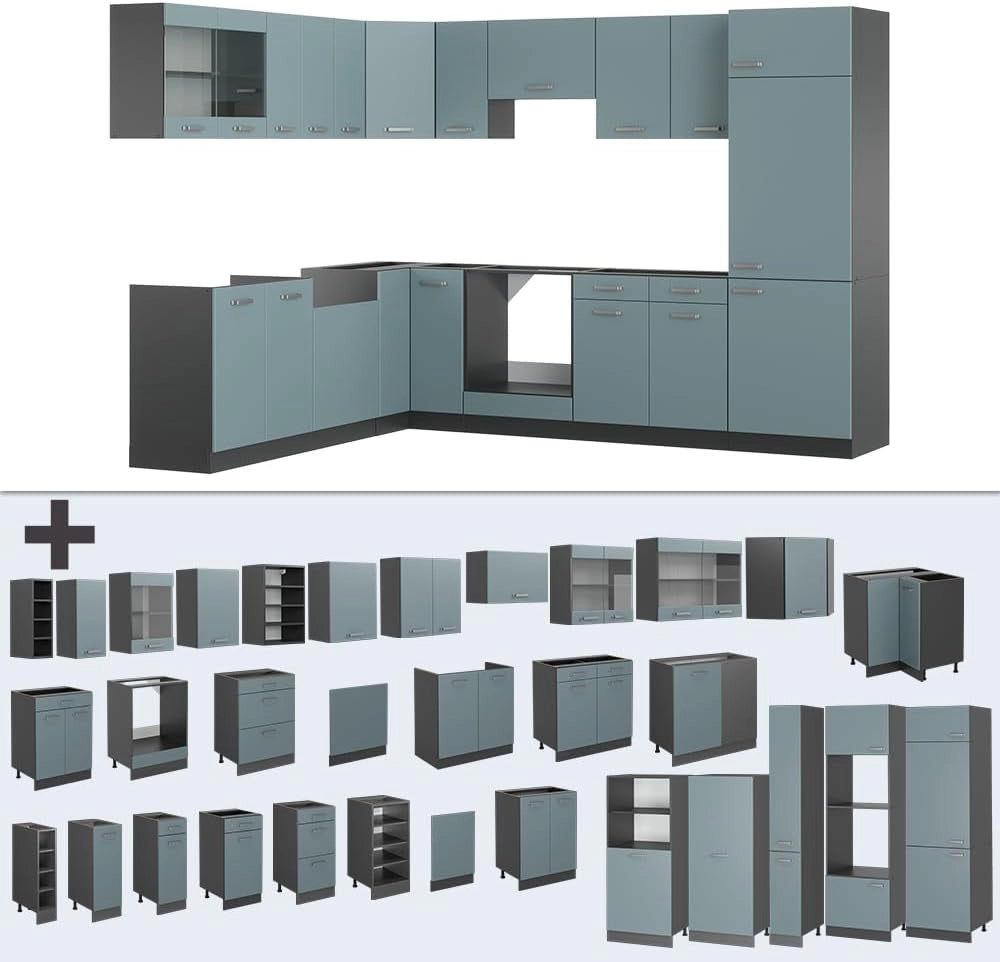 Cucina angolare completa R-Line, Blu-grigio/antracite, 287 x 60 cm, PL Rovere, per l'espansione personalizzata con moduli aggiuntivi compatibili