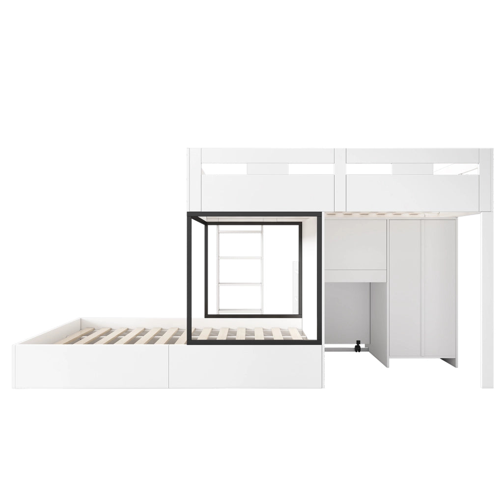 Letto a castello multifunzionale 90x200 cm con scrivania estraibile, armadio, cassetti e ripiani, bianco e nero