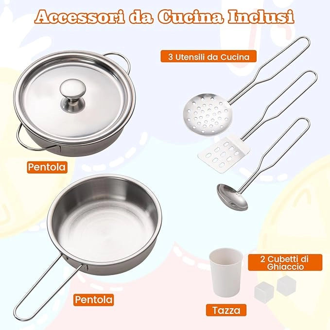 Cucina Giocattolo per Bambini, Cucina per Bambini in Legno con Forno, Microonde, Macchina del Ghiaccio, Lavatrice, Lavello e Rubinetto, Con Suoni e Luci Reali, per Bambini 3+ Anni