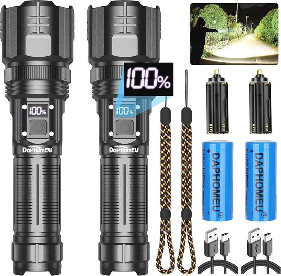 Lanterna LED Ricaricabile - 500.000 Lumen, Impermeabile, Torcia Tattica con 5 Modalità di Illuminazione e Funzione di Zoom, Ideale per Campeggi e Situazioni di Emergenza