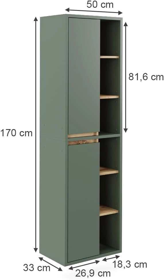 Mobile alto Viola, Verde/antracite, 50 x 170 cm con ripiani aperti, adatto al montaggio a parete e combinabile con altri mobili Viola