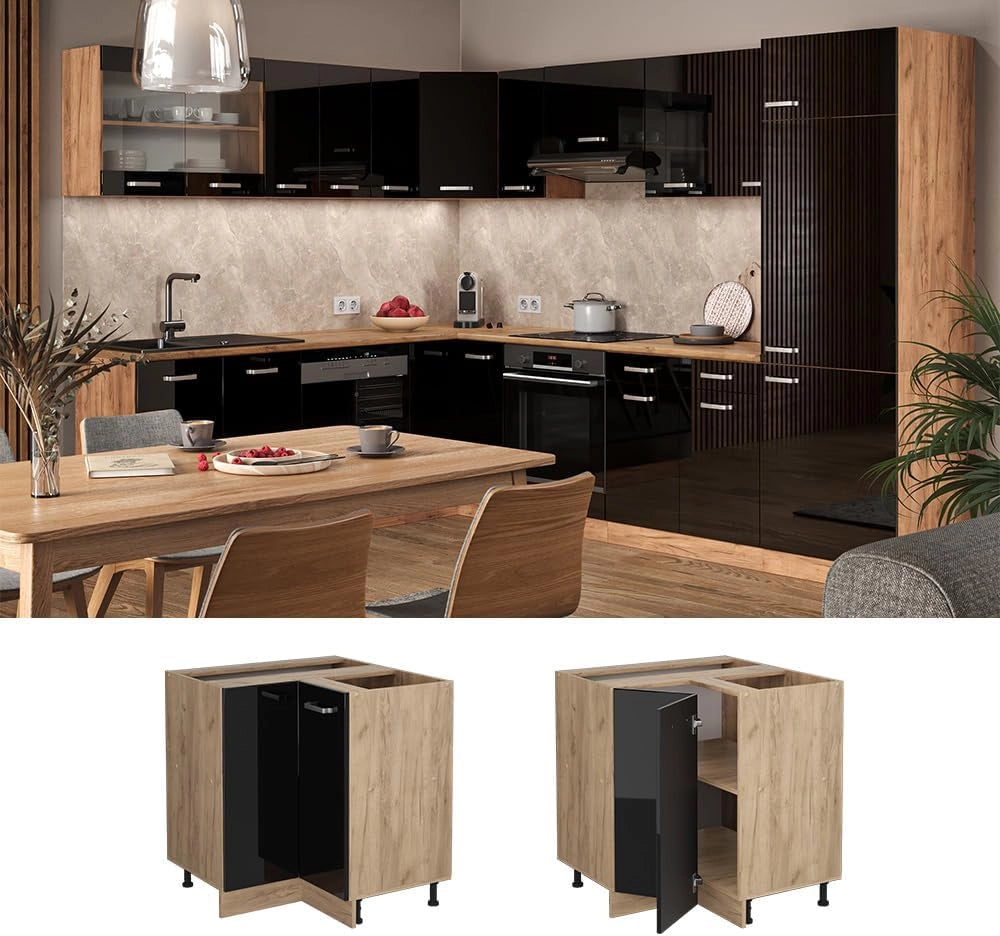 Mobile ad angolo cucina R-Line, Nero lucido, 75.6 cm senza piano di lavoro, per la libera combinazione all'interno di sistemi cucina modulari
