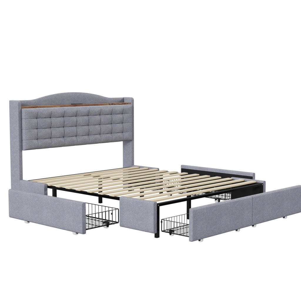 Letto imbottito 160x200 cm grigio con USB; mensola; 4 cassetti e rete a doghe