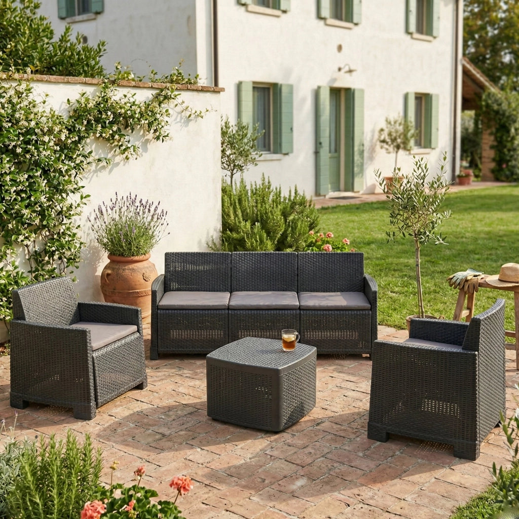 Salottino Outdoor Akayr, set Salotto da Esterno 5 Posti Made in Italy, Nero Antracite