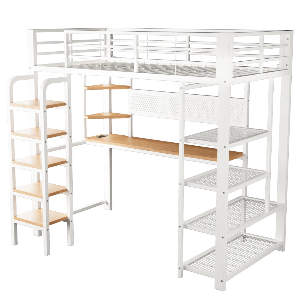 Letto a soppalco in metallo 90x200 cm con LED; scrivania e prese; bianco