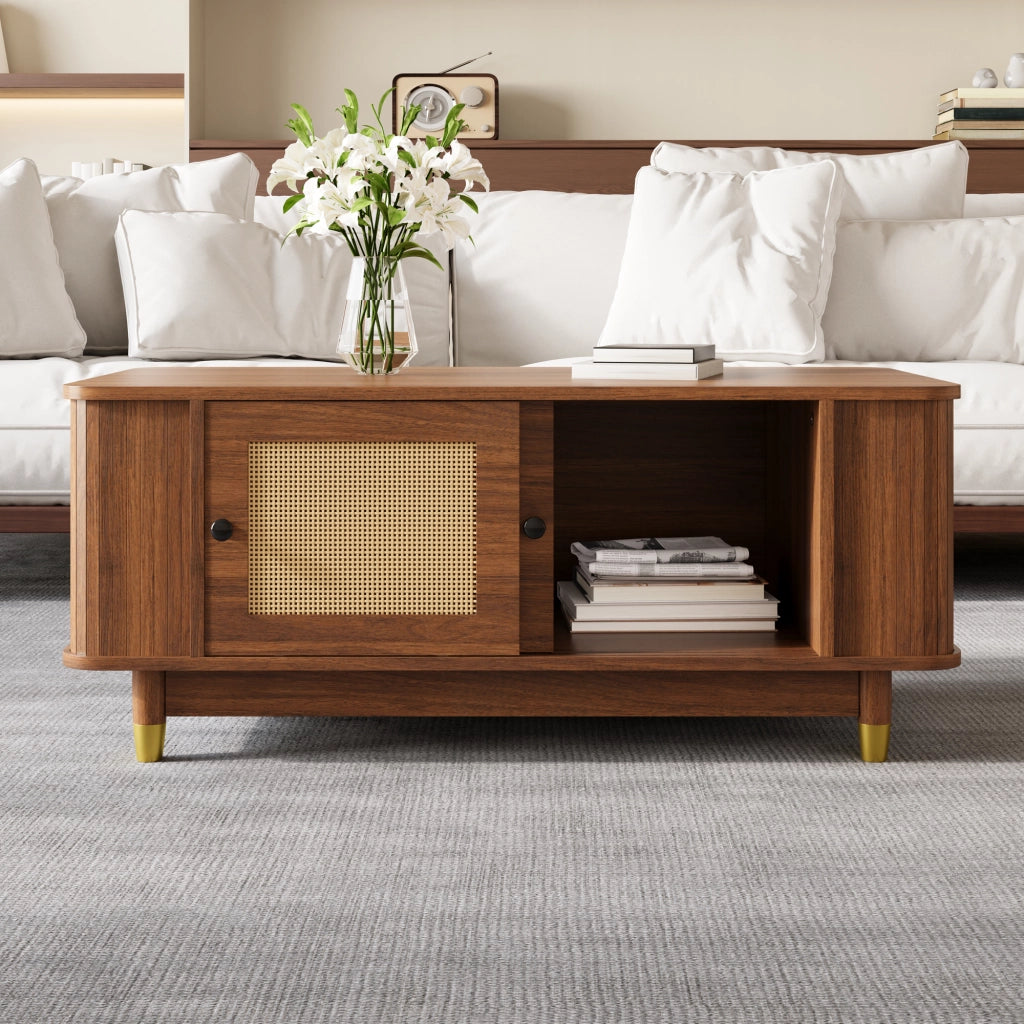TAVOLINO da caffè con ante scorrevoli in rattan 100x50x42 cm MDF Noce
