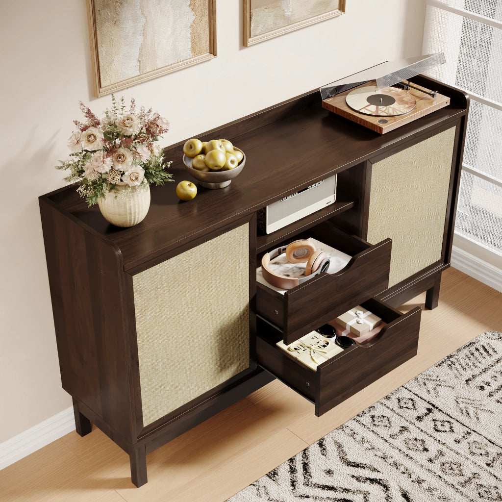 Credenza con 2 Ante Scorrevoli e 2 Cassetti; Ripiani Regolabili; Stile Retr??; in Pannello Truciolare; Naturale; 150??39;5??80 cm