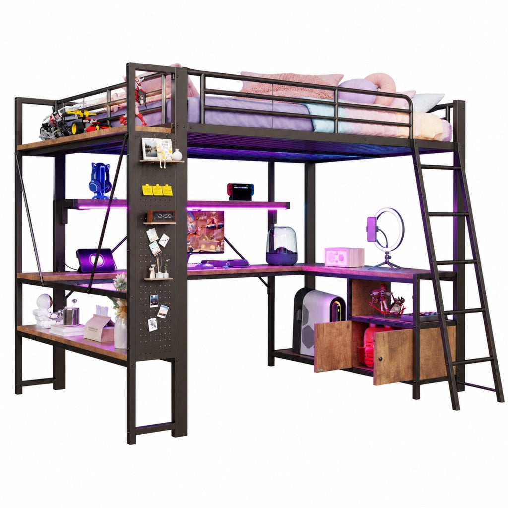 Letto a soppalco ULEVR 140x200 cm con scrivania, LED, USB e ripiani, struttura in metallo e MDF