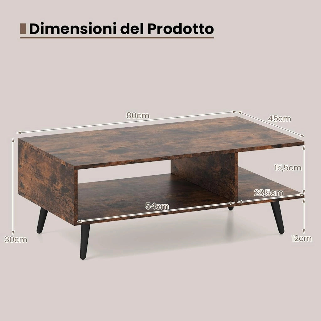Tavolino da Caffè a 2 Livelli, Tavolino Moderno con Gambe in Metallo e Ripiano, Tavolo Centrale Rettangolare per Soggiorno, Studio e Ufficio (Marrone)