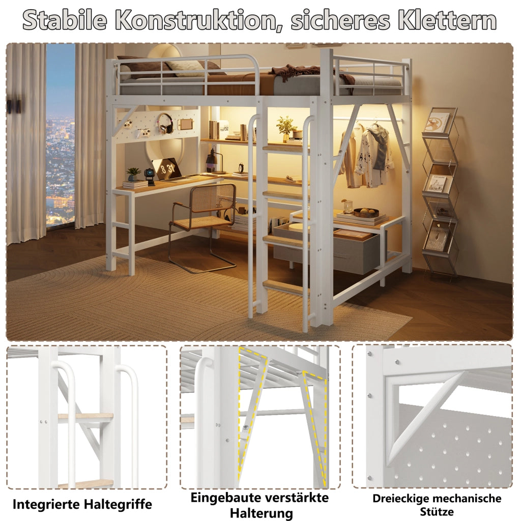 Letto a castello 140x200 cm in metallo e MDF con scrivania; LED; USB e contenitori; bianco