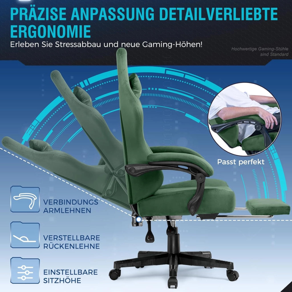 Sedia da gioco, traspirante, sedia da ufficio, ergonomica, in tessuto di alta qualità, ergonomica, schienale regolabile a 160°, poggiapiedi estraibile, carico 180 kg,verde