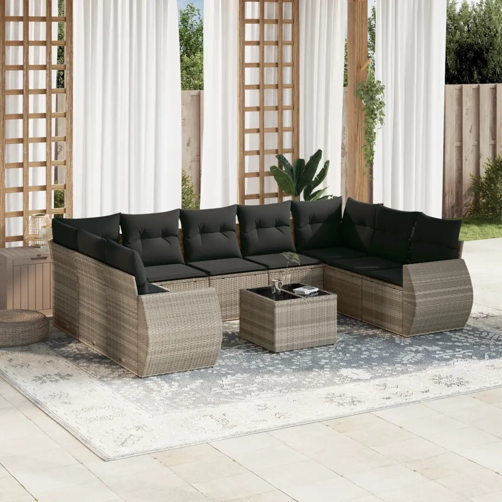 Set Divano Giardino 10 pz con Cuscini Grigio Chiaro Polyrattan